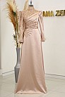 Kolları Tüy Detay Drape Ve İşlemeli Saten Bianca Abiye - Rose - MN-4697