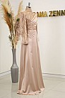 Kolları Tüy Detay Drape Ve İşlemeli Saten Bianca Abiye - Rose - MN-4697