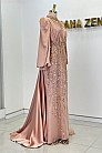 Taş Ve Drape Detaylı Pelerin Kuyruklu İncilay Abiye - Rose - MN-4689